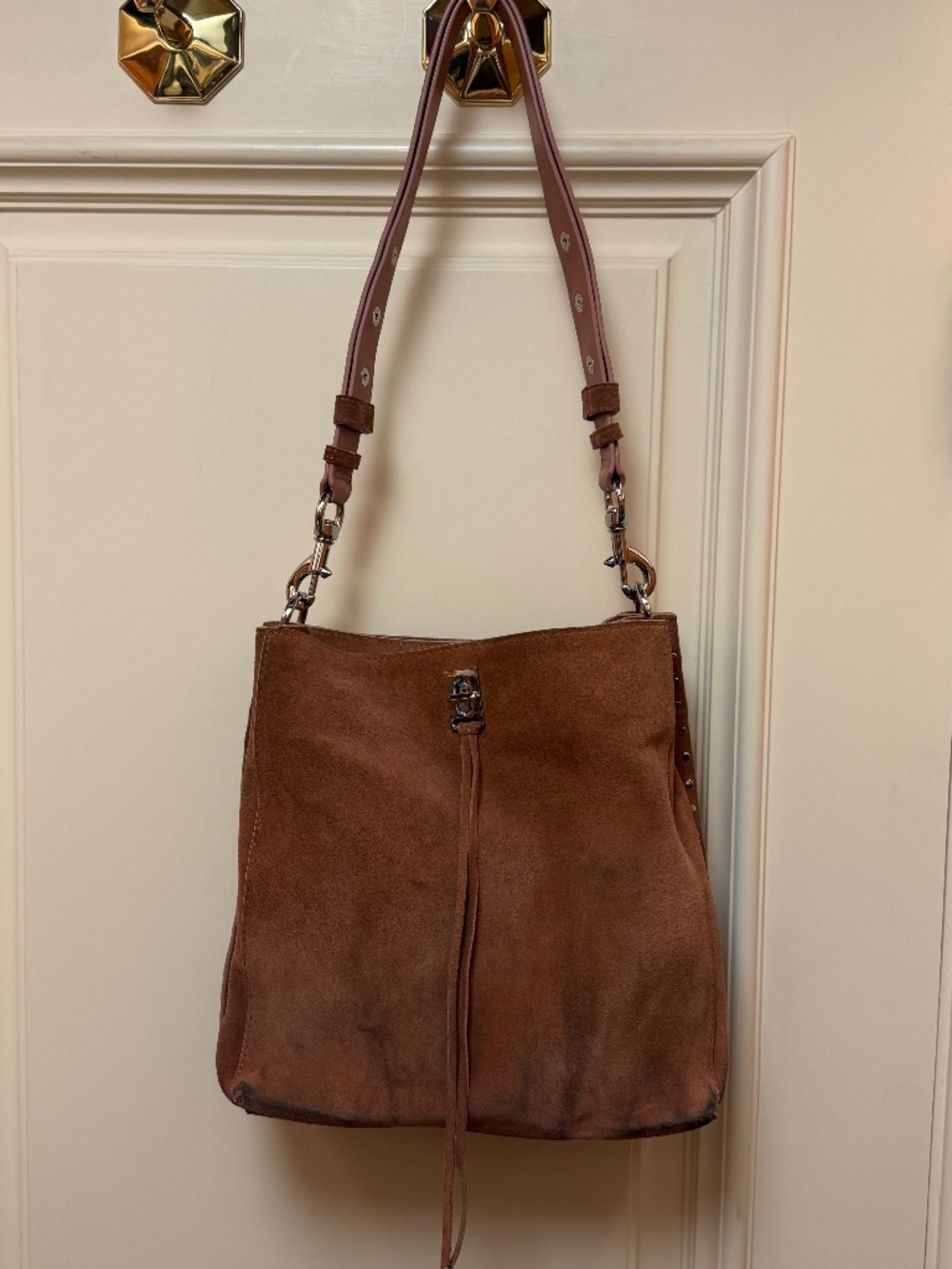 Rebecca Minkoff Darren Suede Shoulder Bag Pink Large with Stud Details